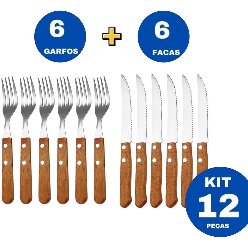 Kit 12 Peças Jogo de Talher 6 Garfos 6 Facas de Inox com Cabo de Madeira Faqueiro Jogo Conjunto
