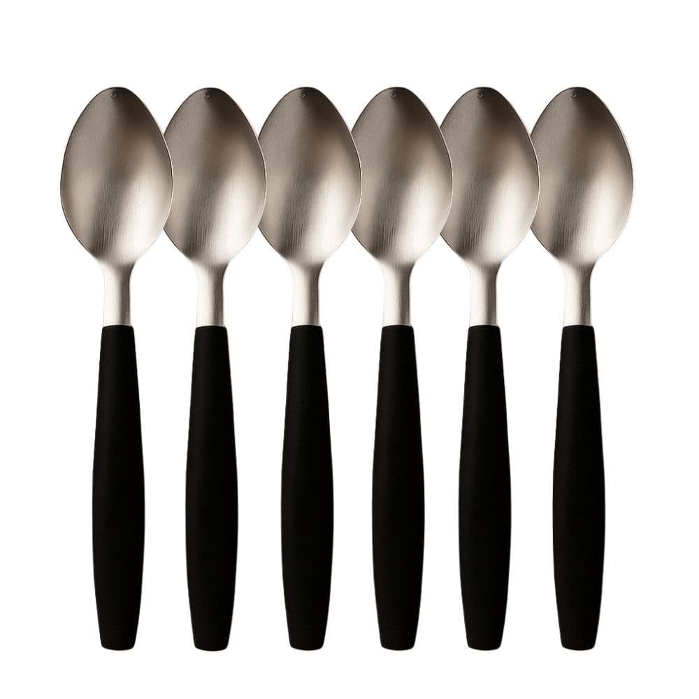 Kit 6 Colher de Chá Sobremesa Café Aço Inox com Cabo Preto 15cm