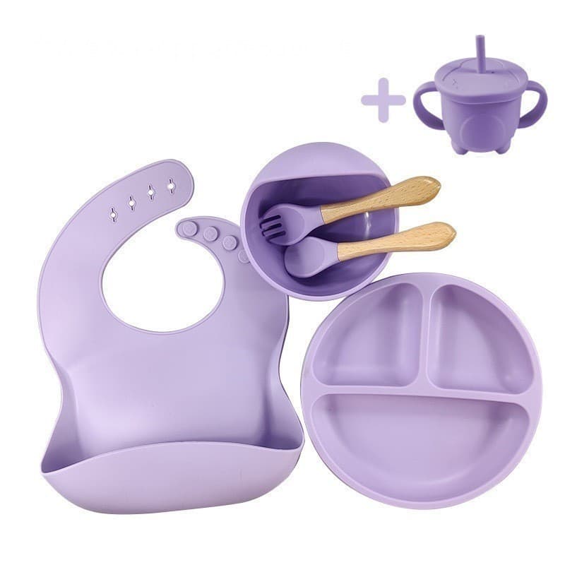 Kit Alimentação Infantil Silicone 6 Peças Prato Tigela Copo Talheres Babador