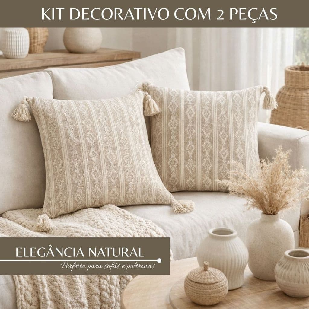 Kit 2 Capas de Almofada Indiana  45x45cm Boho Pompom Piquet Algodão Bohochic Promocional