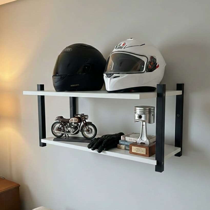Prateleira Porta Capacete MDF Branca Resistente Motociclista Moderno Para Garagem