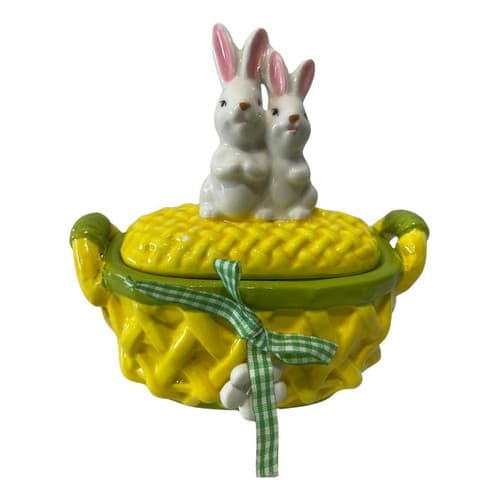 CESTINHA CERAMICA C/TAMPA E COELHO 14X7.5X15CM AMARELO