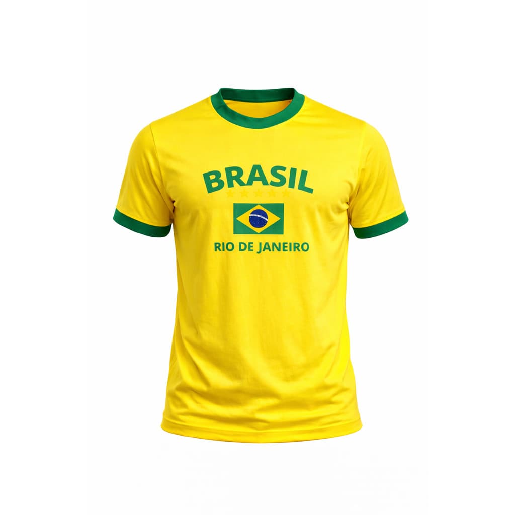 Camiseta Brasil Rio de Janeiro Amarela E Verde Estilo Seleção Gola Verde Torcedor Futebol Copa Jogos