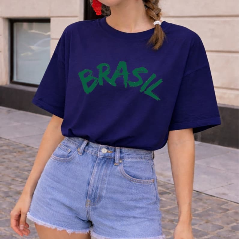 T-shirt Camiseta Brasil Feminina Estampada Camisa Copa do Mundo Com gola redonda algodão fio 30.1