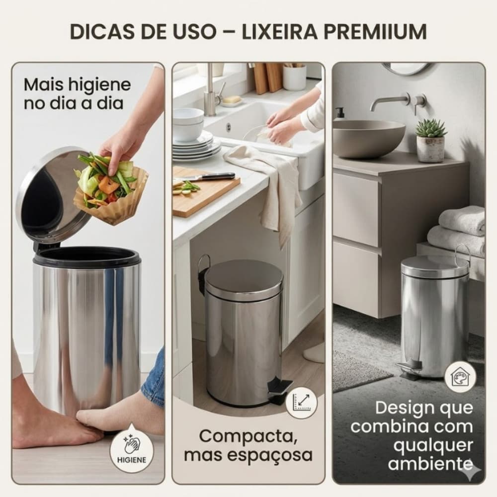 Lixeira 12 Litros Aço Inox Escovado Pedal Para Cozinha Banheiro Escritorio