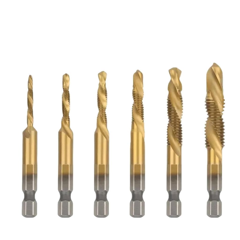 Jogo 6 Brocas Macho Rosca M3-M10 Aço Rápido HSS Titânio Encaixe Hexagonal Furar e Roscar com Chanfro Kit Completo