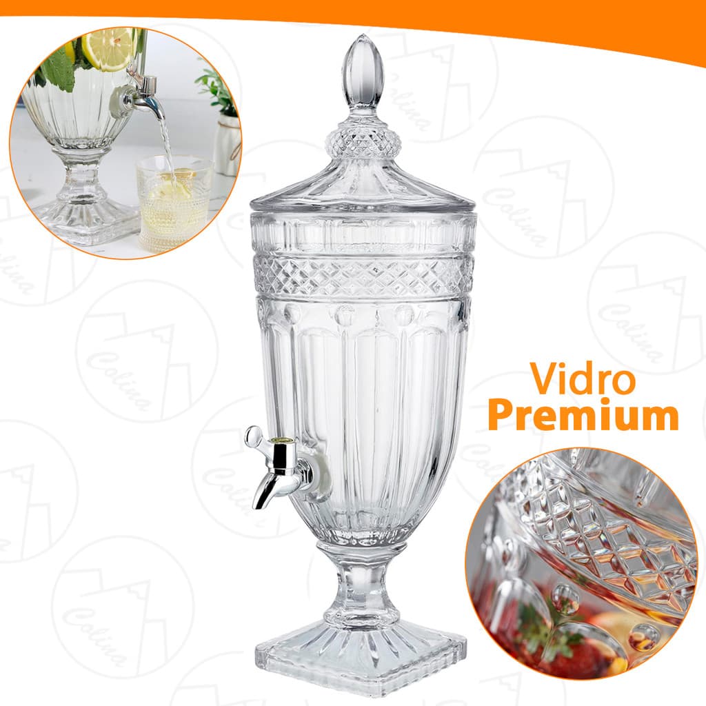 Suqueira de Vidro Cristal 3,2L Com Base e Torneira Elegance Vidro Premium
