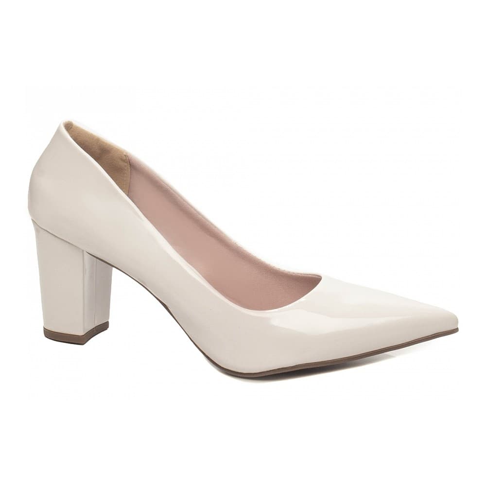Sapato Scarpin Salto Bloco Grosso Bico Fino Branco
