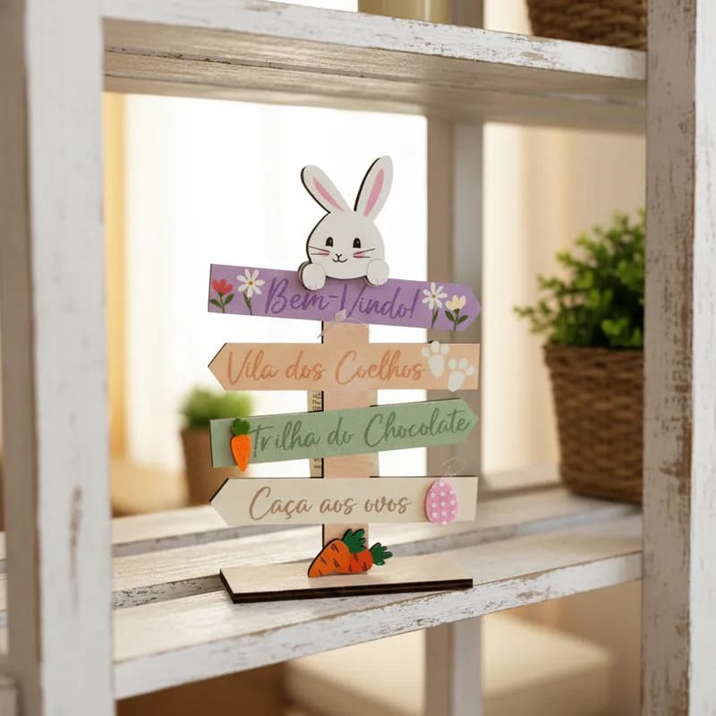 Estatua Placa Decorativo Coelho da Páscoa 12x18cm em MDF Mesa Posta Decoração