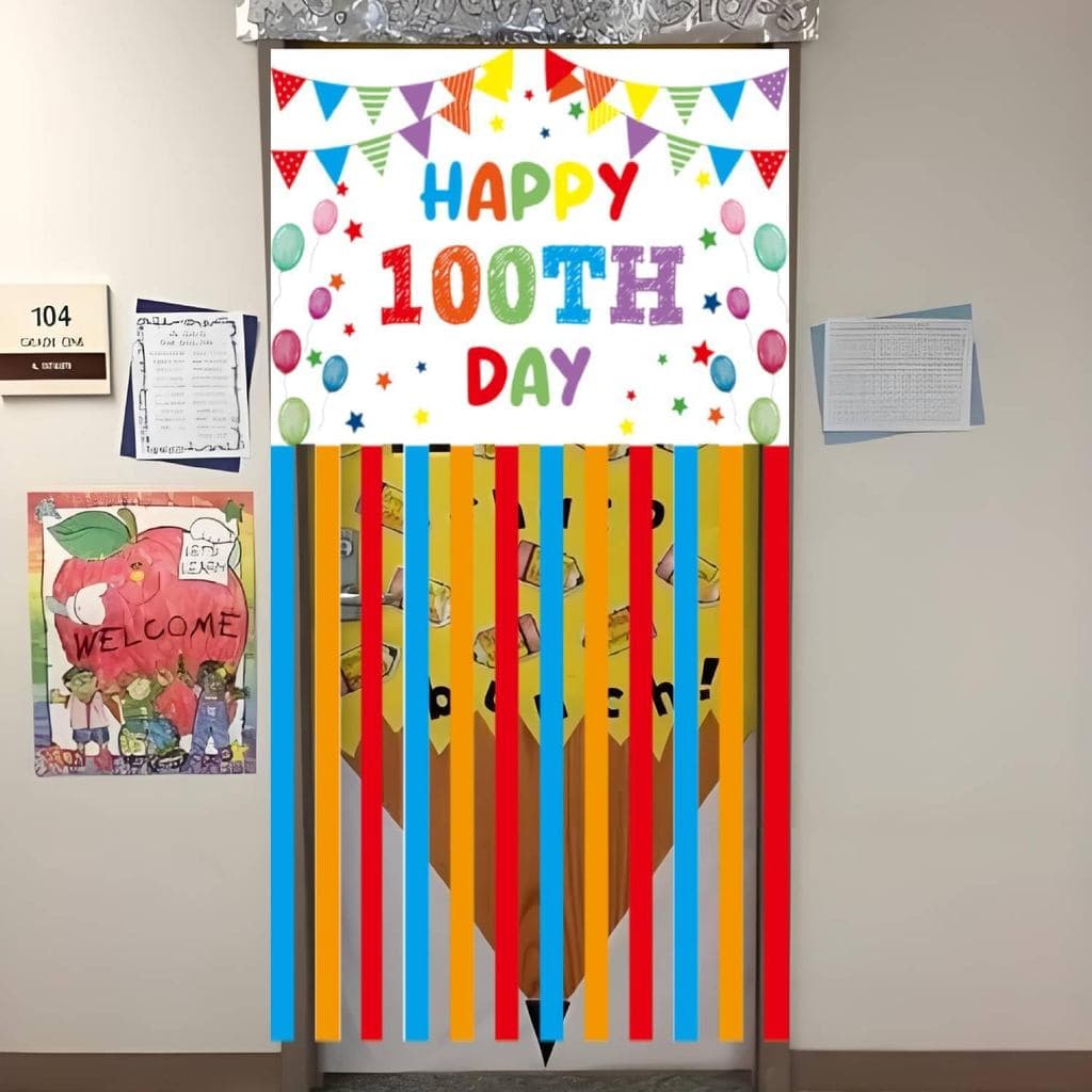 Faixa Decorativa para a Porta do 100º Dia de Aulas, Decorações para Festa de 100 Dias de Aulas, Painel de Fundo para Fes