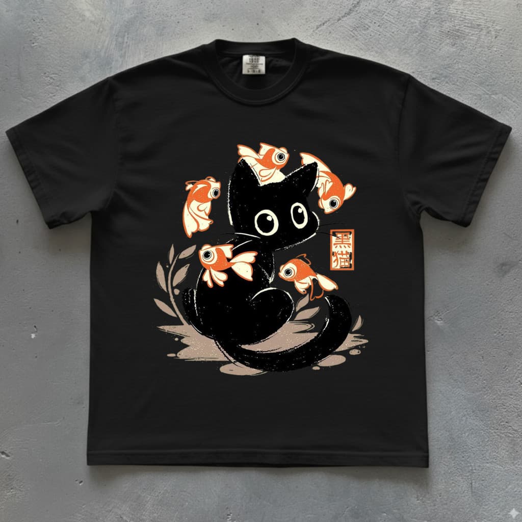 Camiseta Gato Com Peixinhos Dourado  Regular  e Plus size