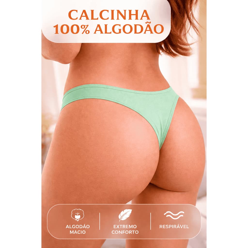 Kit 10 Unidades Calcinha Fio Dental 100% Cotton Confortável, Respirável e em Cores Variadas