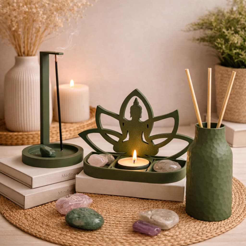 Kit Decorativo Zen – Vaso + Porta Incenso + Castiçal Buda Lótus | Decoração Modernao