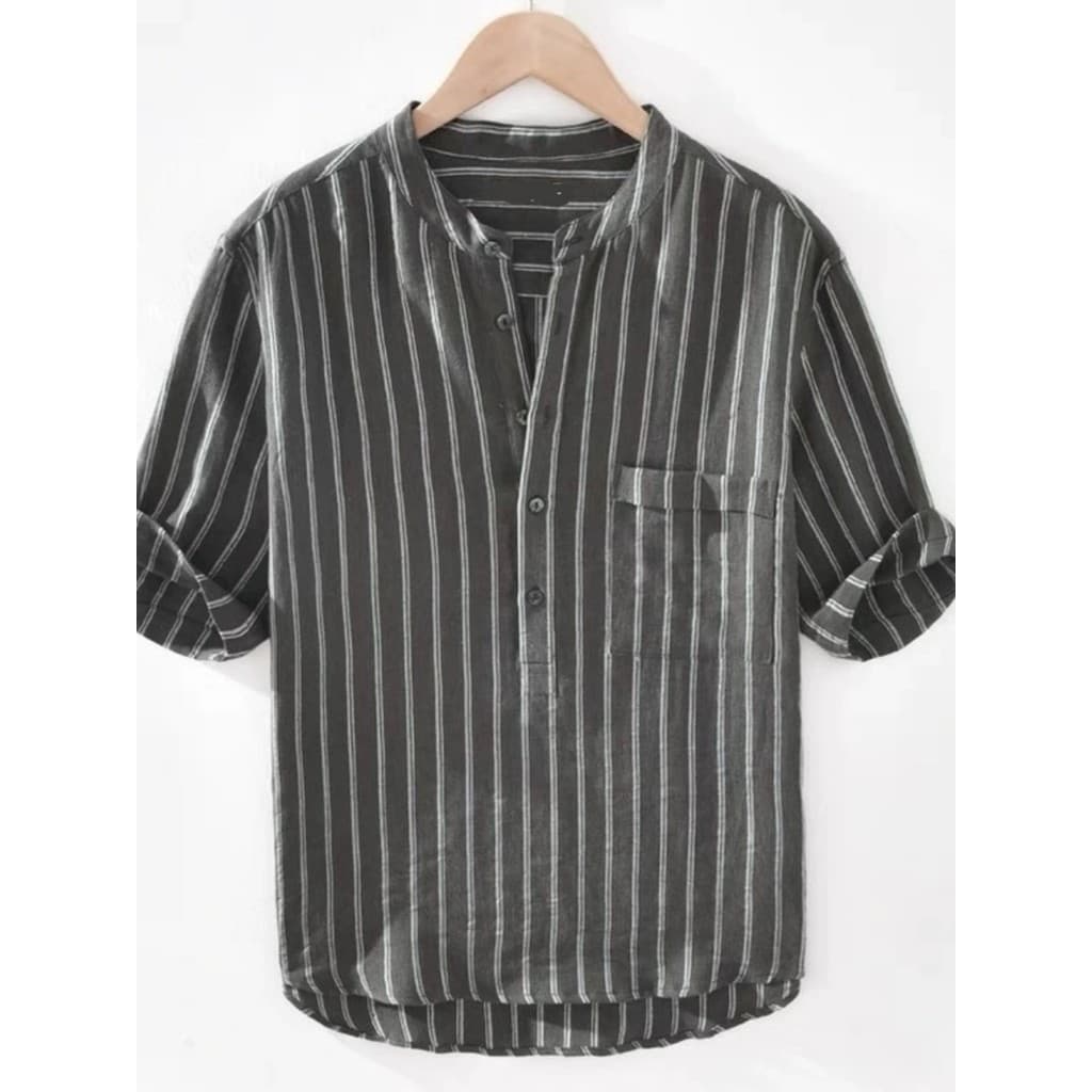 Verão japonês Retro pulôver linho manga de cinco pontos camisa de linho de seda gelo listrado solto gola alta de manga c