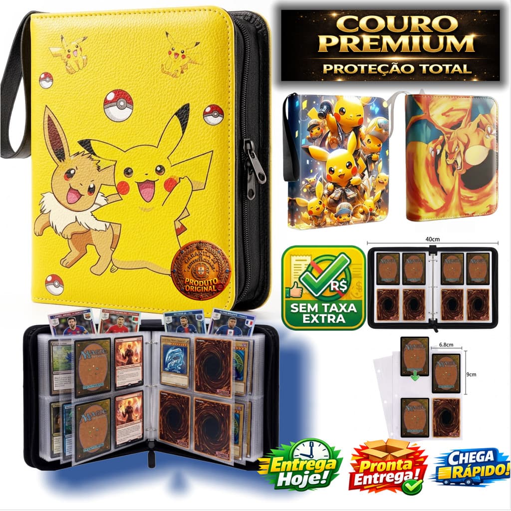 Álbum Pokémon Original 400 Cartas 2x2 Capa Couro Zíper Porta Cartas TCG Pronta Entrega BR