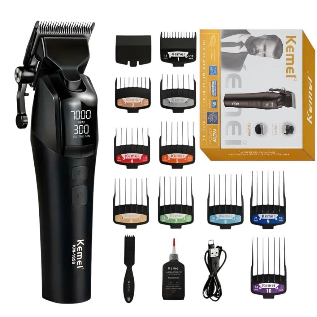 Máquina de cortar cabelo profissional kemei original sem fio 10w até 9000 RPM kit com 10 pentes KM-1858 - Bivolt