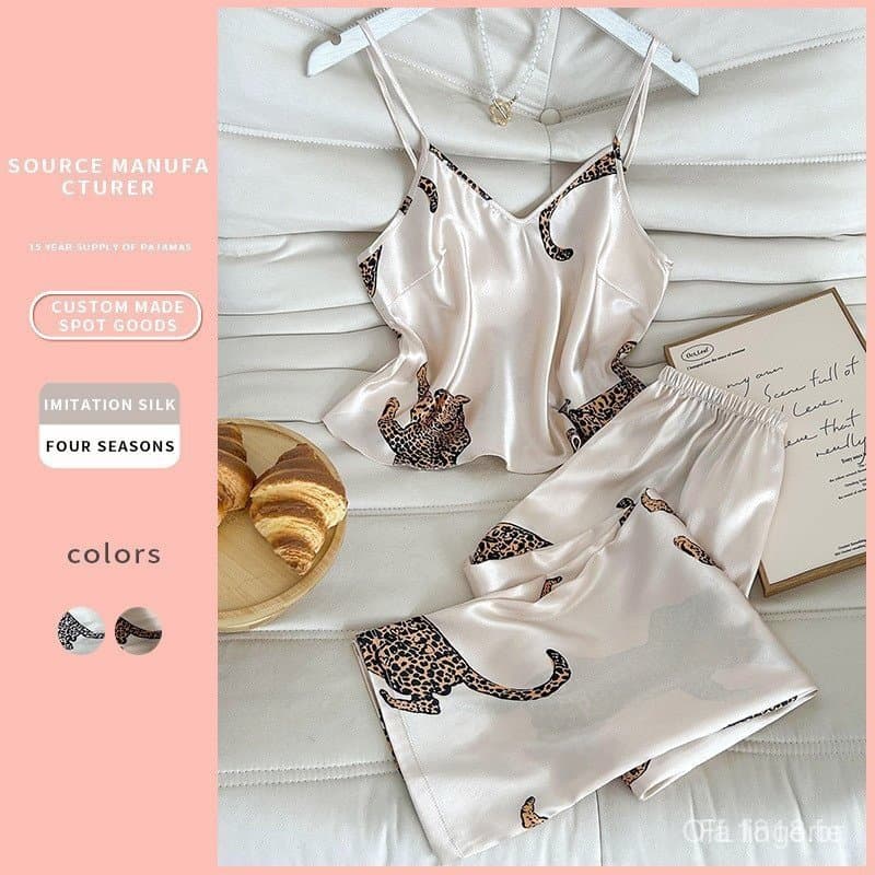 Pijama Feminino de Cetim de Verão Luxuoso com Estampa de Leopardo e Calças de Suspensório em Imitação de Seda