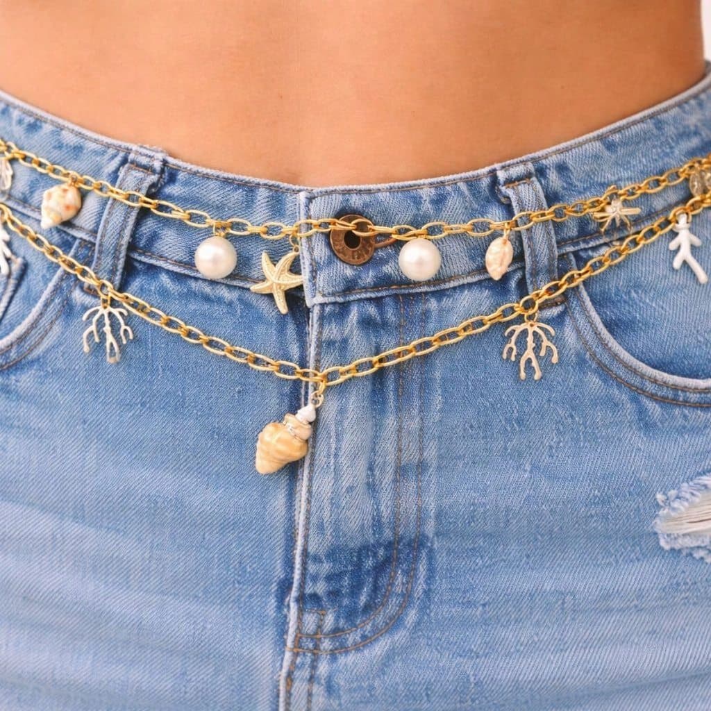 Cinto Feminino Dourado com Conchas Naturais – 120cm Ajustável Estilo Praia Chic