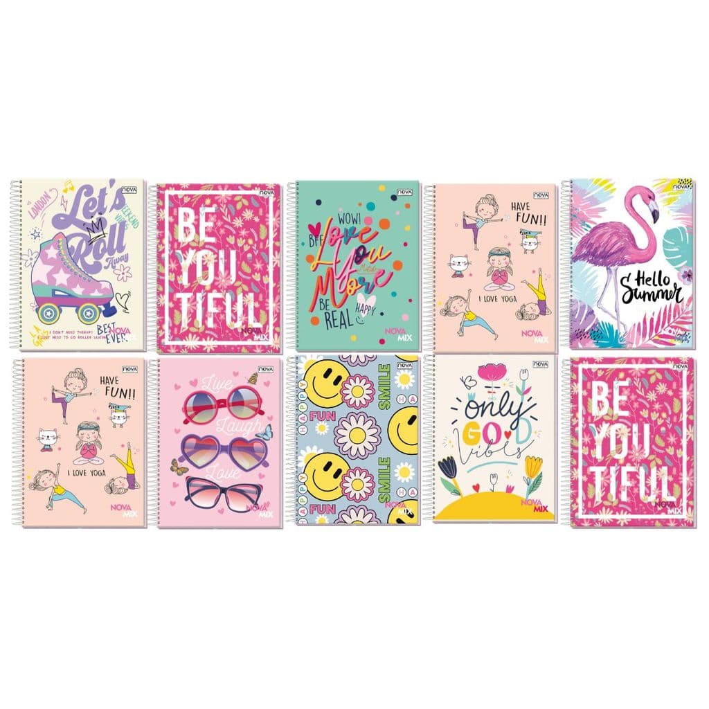 Kit Com 10 Cadernos 1 matéria Estampas Femininas Capa Dura