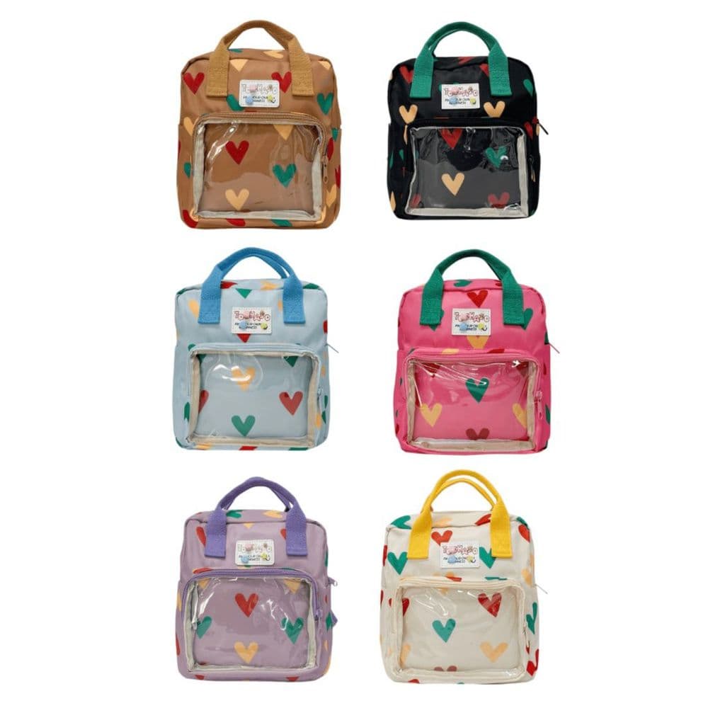 Mochila Quadrada Impermeável com Bolso Transparente Coraçãozinhos 26x24x12cm - IMPORTADO