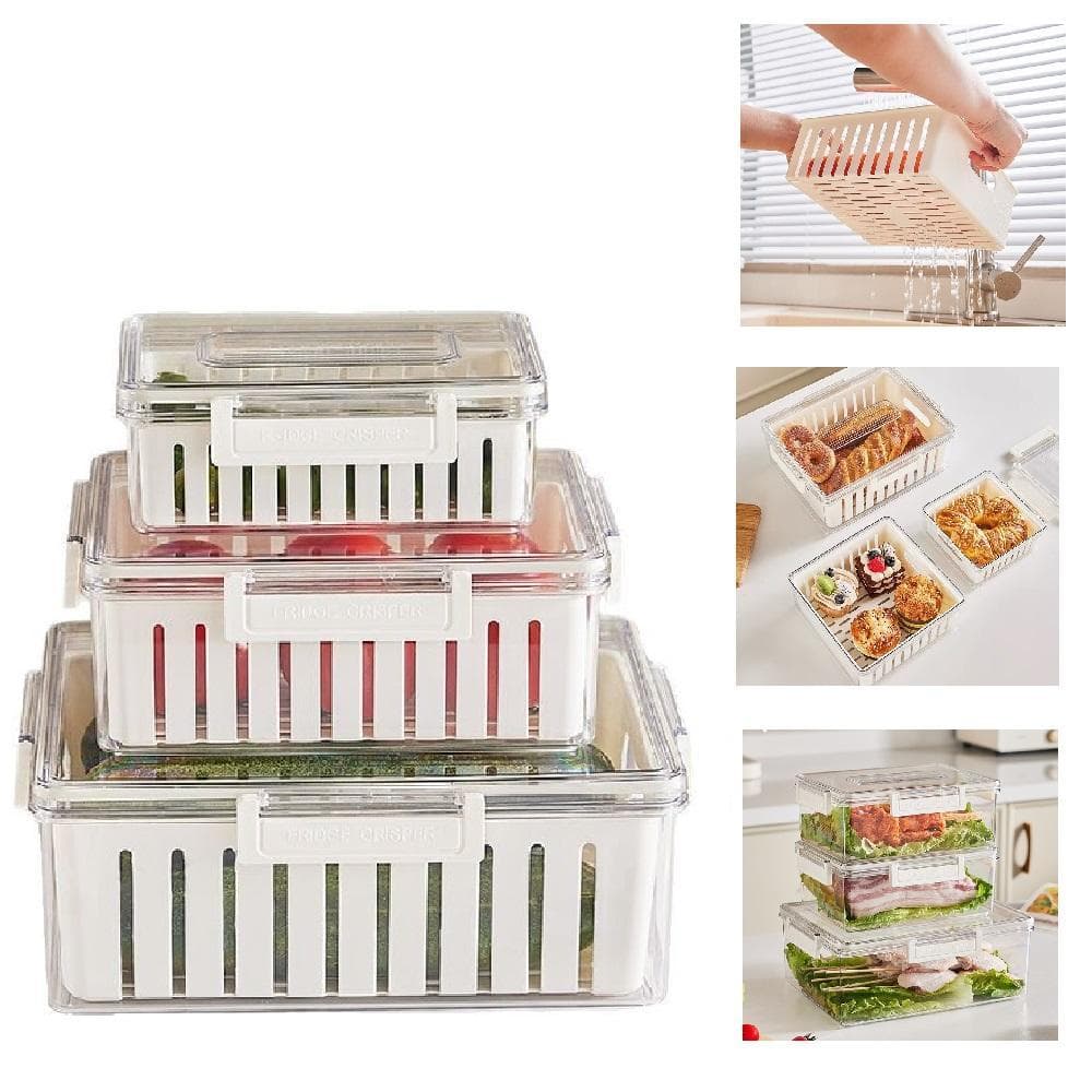 KIT 3 POTES HERMETICOS ORGANIZADOR GELADEIRA FRESH BOX COM CESTA ESCORREDOR REMOVIVEL ACRILICO MARMITA FRUTAS LEGUMES AL