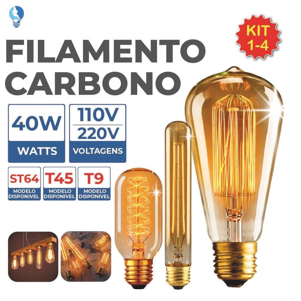Lâmpada Filamento Carbono ST64 T45 T9 40W Luz Quente Âmbar E27 110V ou 220V