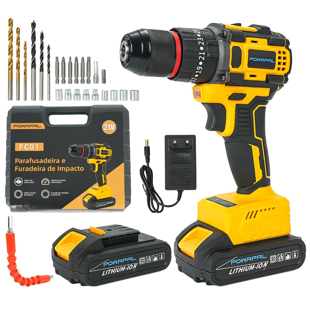 Parafusadeira Furadeira 21V 2 Baterias Com Maleta e Acessórios Completo