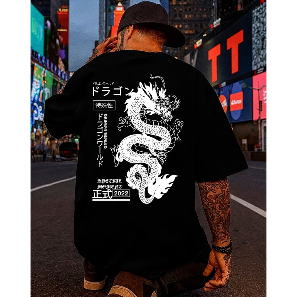 Camiseta Streetwear Masculina Oversized Dragon World Japonês Estampada Algodão Penteado Premium