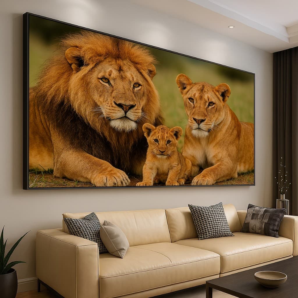 Quadro Decorativo GRANDE Alta Resolução Escritório Quadro Familia de Leão com 1 filhote horizontal