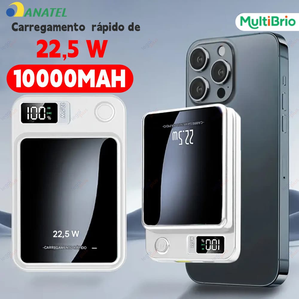 Carregador Externo Portátil 10000mAh com MagSafe e Tela, Recarga por Indução para Celulares iPhone e Android