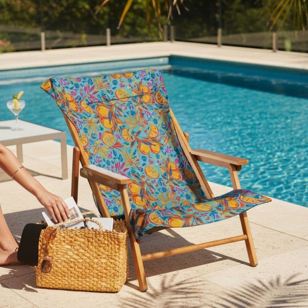 Toalha de Praia com Encaixe para Cadeira Aveludada Estampada Tangerinas 70x1,40m