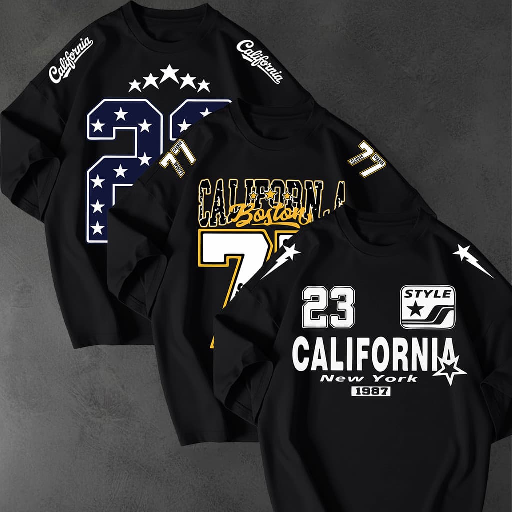 Kit 3 Camisetao Oversized Streetwear Estampa California New York Boston 77 23 1987 Moda 100 Algodao