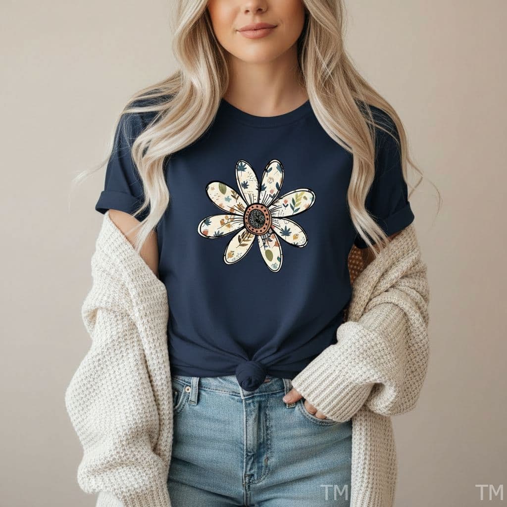 Camiseta Feminina Moderna Casual Flor Rabiscada T-shirt Gola Redonda Algodão Para Mulher