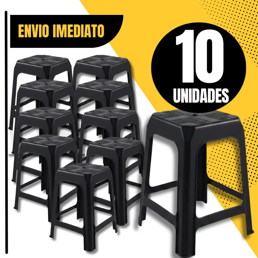 Kit 10 Banqueta Preta De Plástico Resistente Reforçada Adulto Suporta Até 120kg