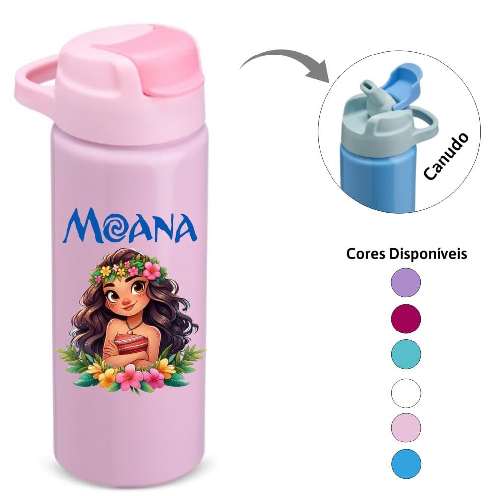 Squeeze Aluminio com Canudo 600 ML Moana ideal para Hidratação Escolar