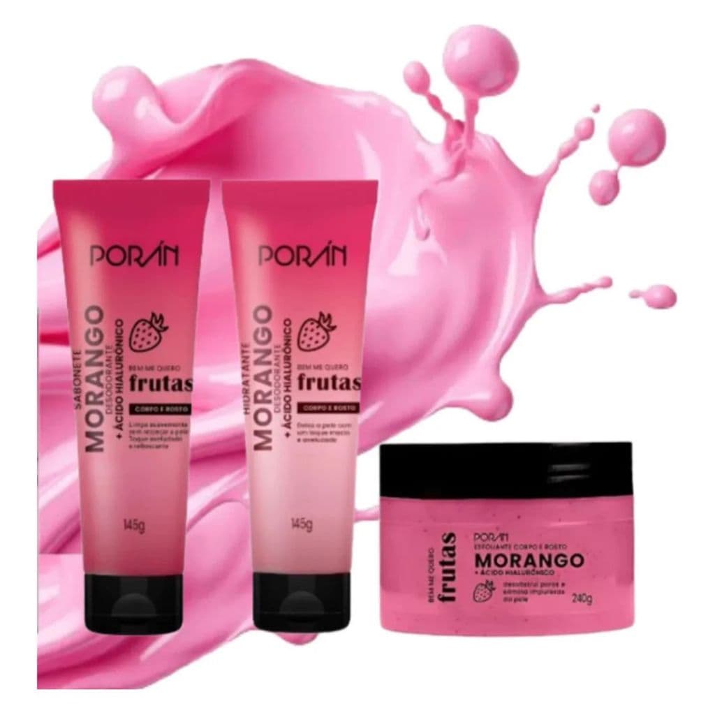 Kit Skin Care Completo Poran Hidratante Sabonete Esfoliante 3 Itens Cuidados Com A Pele Morango