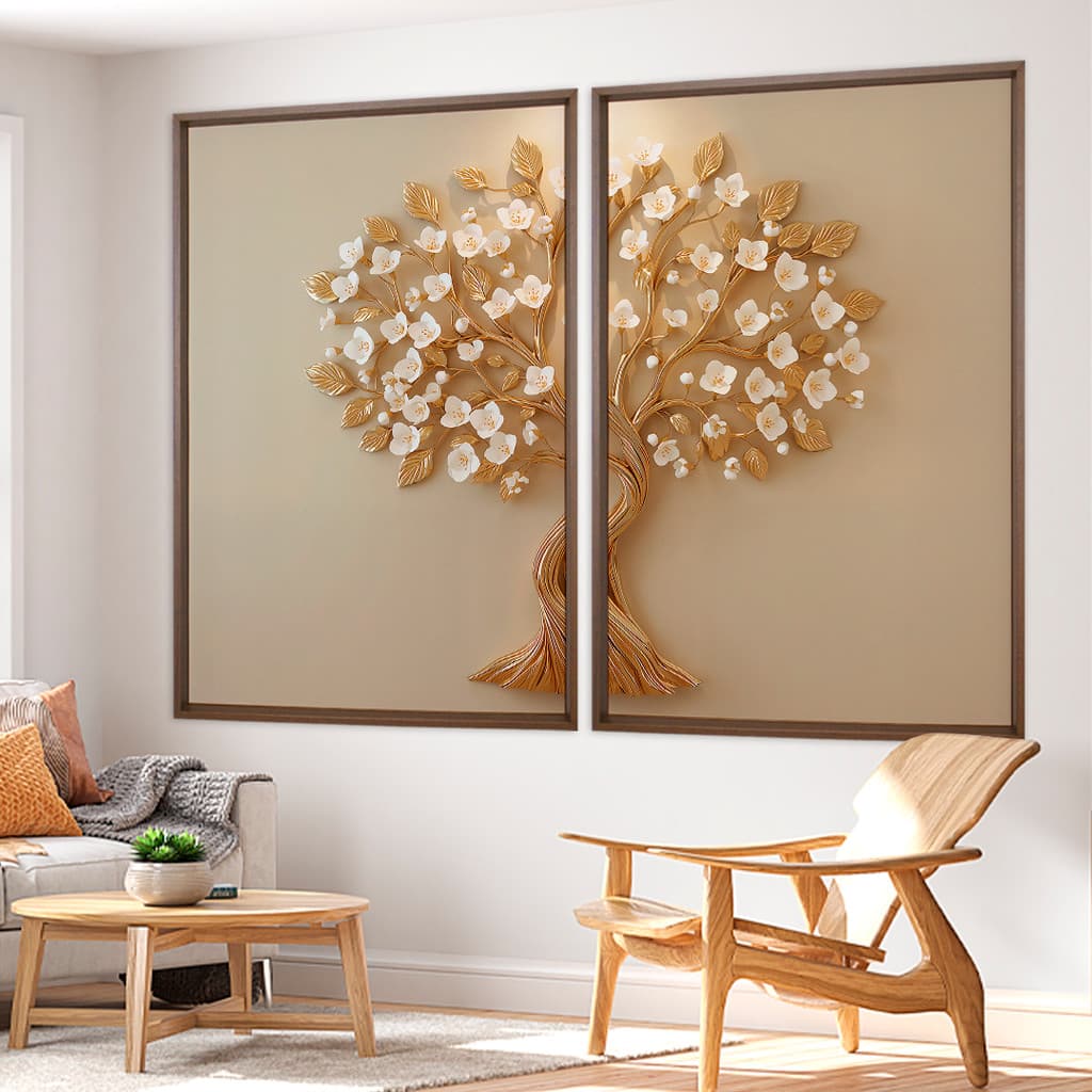 Conj. 2 Quadros Decorativos Árvore da Vida Floral Branco e Dourado, Sala, Quarto, Escritório.