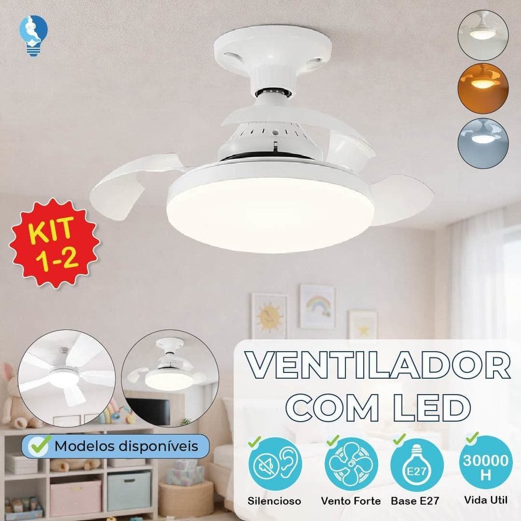 Ventilador de Teto Retrátil Lâmpada 3 Cores Silencioso 60W ou 100W Pás Design Sofisticado Bivolt