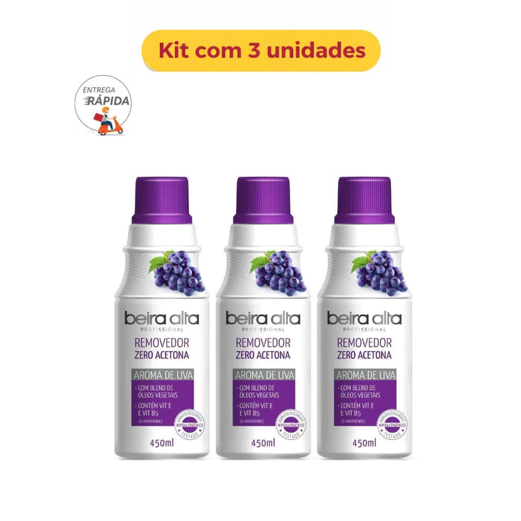 Kit 3 Removedor de Esmalte Zero Uva Acetona Beira Alta 450ml
