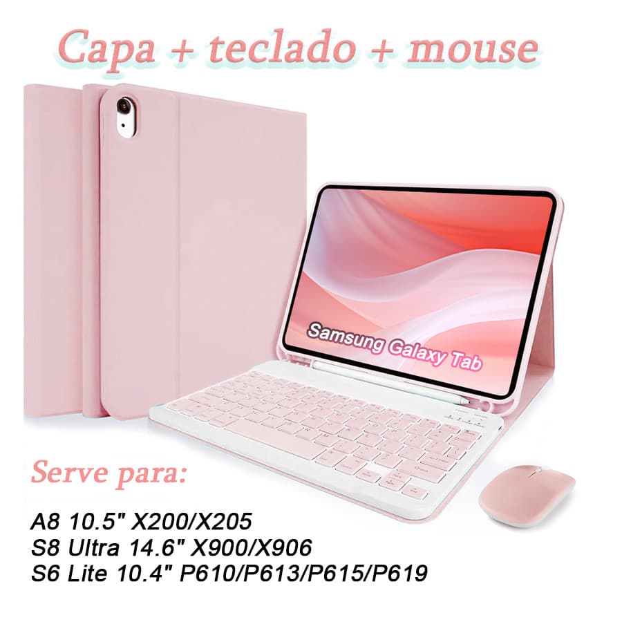 capa com teclado e mouse para Samsung Galaxy Tab A8 10.5inch, S8 Ultra 14,6inch, S6 lite 10,4inch