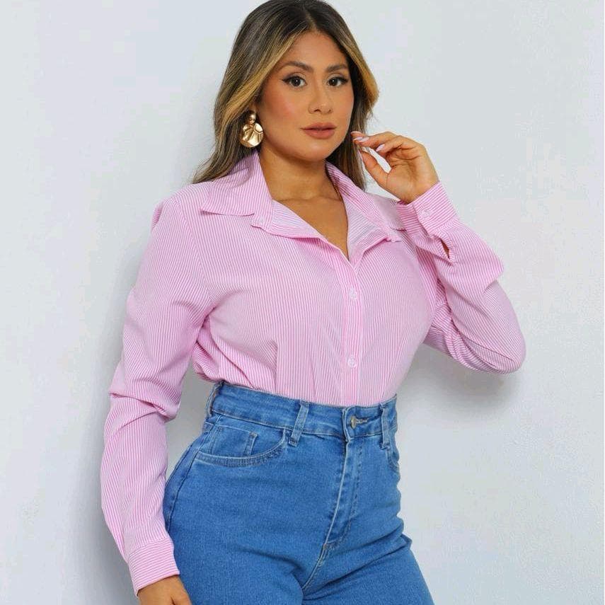 Camisa Feminina Social Manga Longa Listrada Look Moderno e Elegante