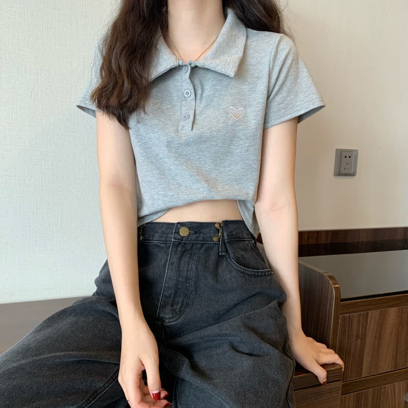 2026 novo estilo primavera verão lapela manga curta camiseta feminina estudante curto esportes estilo Preppy topo rosa c