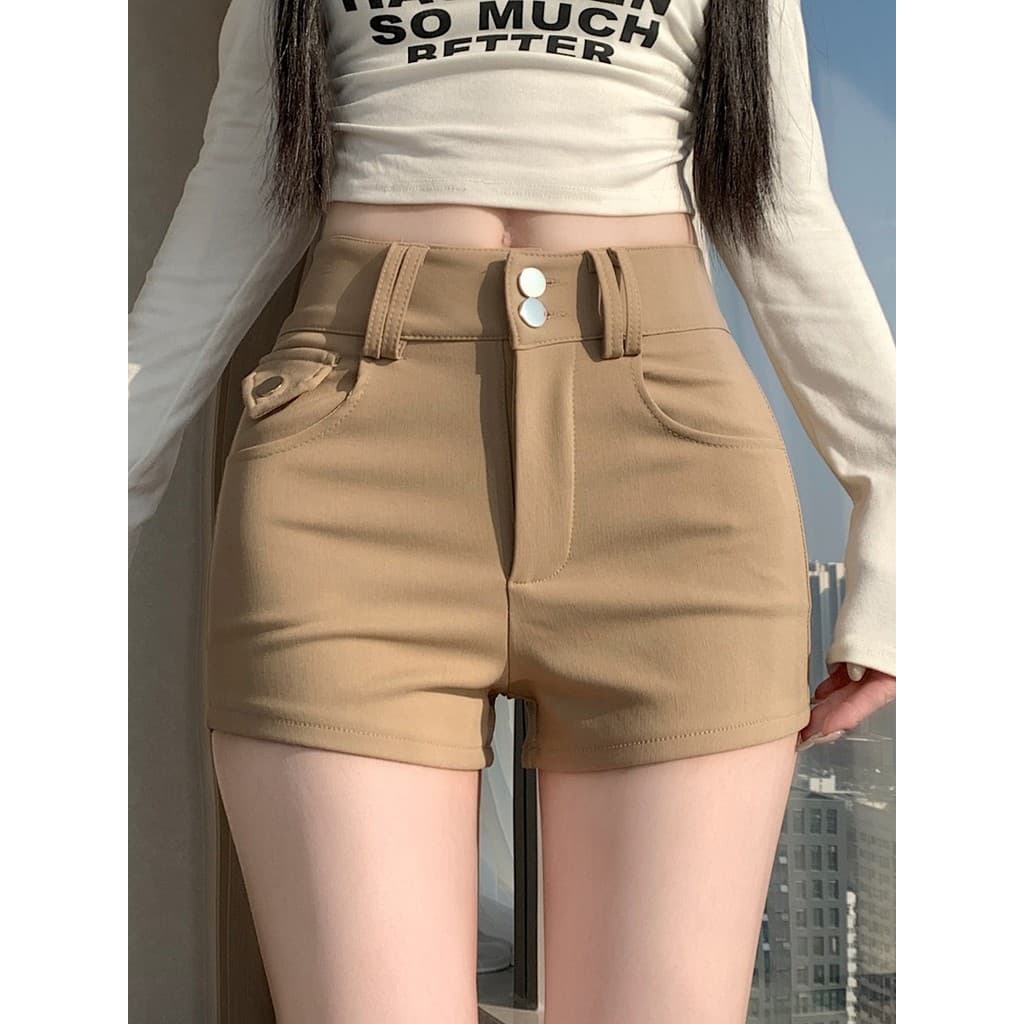 Cáqui elástico cintura alta Shorts feminino primavera verão cintura alta magro-ajuste mais magro olhar calças quentes Hi