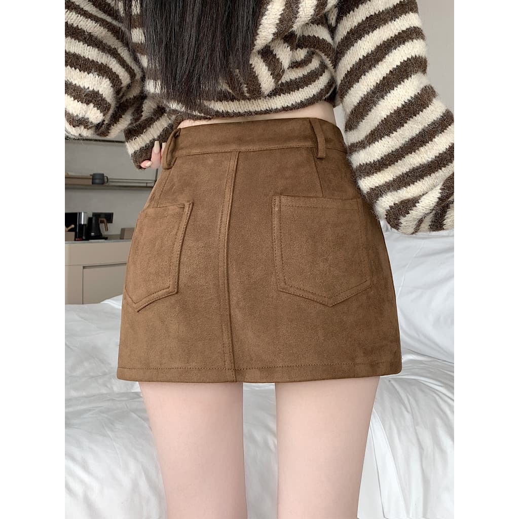 Outono inverno pele de veado veludo marrom saia curta feminina Melade a linha Hip-embalado meia saia quente menina exter