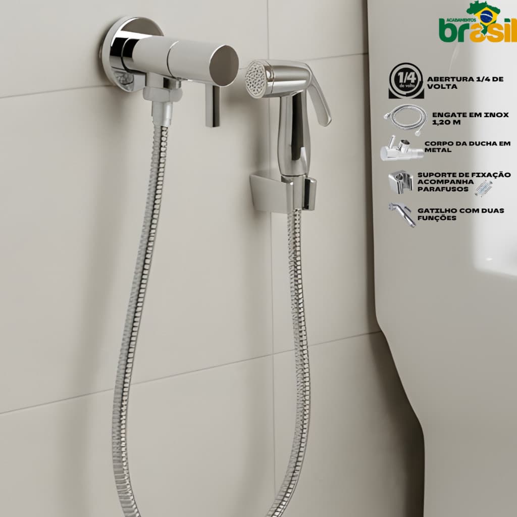 Ducha Higiênica Metal Cromada 1/4 de Volta com Gatilho Inox Mangueira 1,20m Kit Banheiro Completo