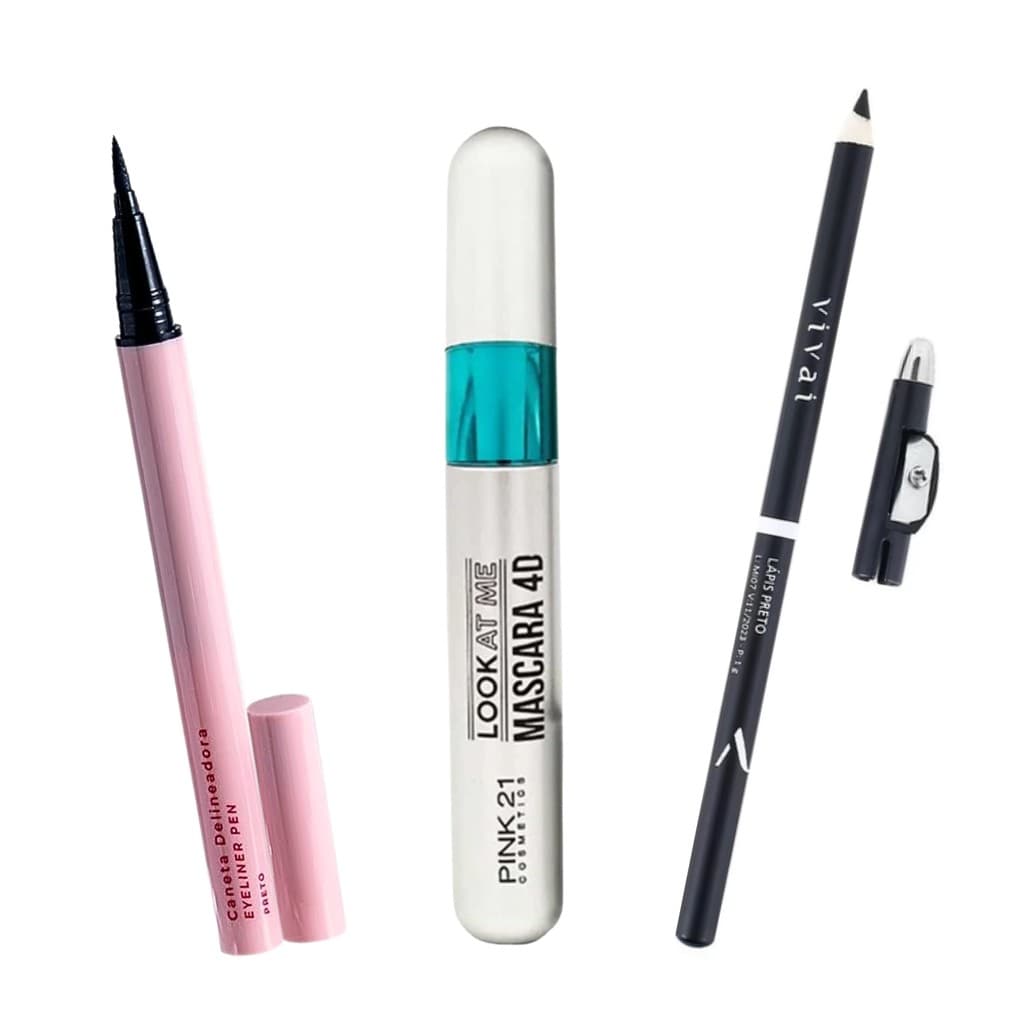 Kit Lápis Delineador de Olho Preto Máscara de Cílios Volume 2 em 1 e Caneta Delineadora Ruby Rose