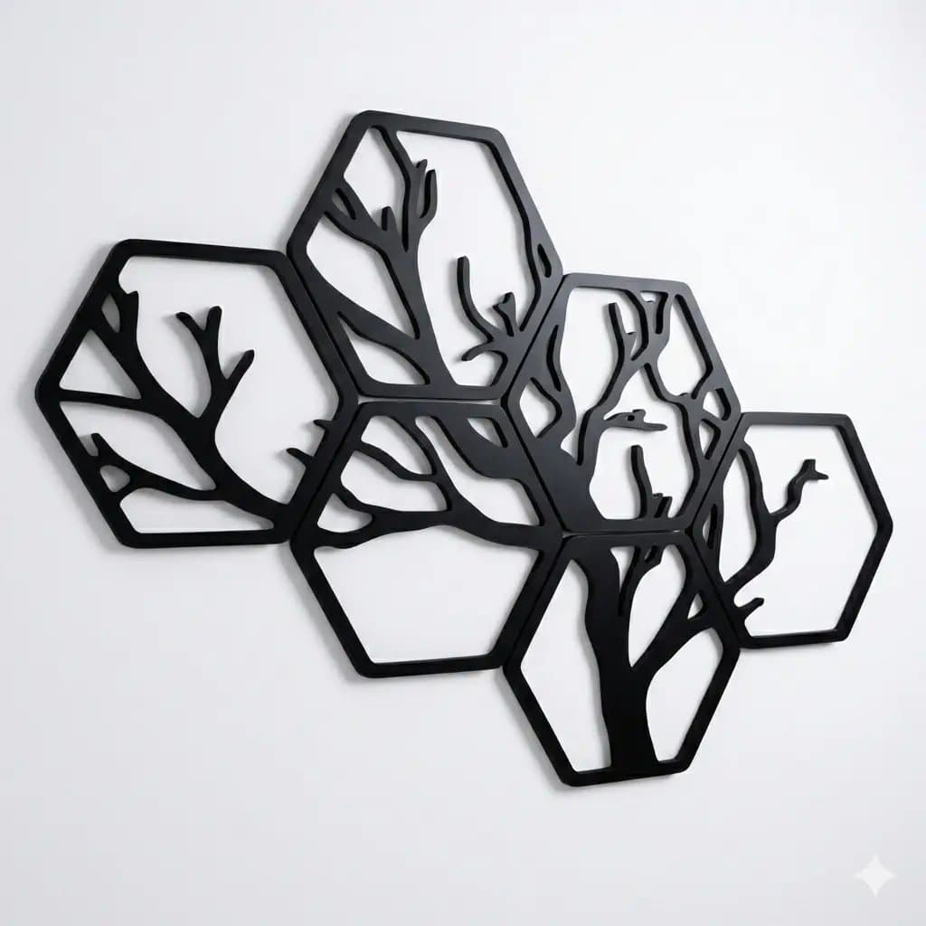 Kit Quadros Decorativos Geométricos com Árvore  Painel Moderno em Hexágonos para Sala, Escritório e Decoração Minimalist