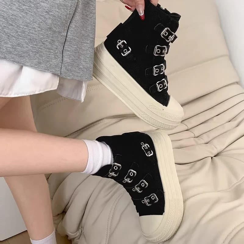 Tênis Feminino Cano Alto de Lona com Fivela e Zíper, Design Simples, Calçado Feminino 2026, Tênis Elegante para