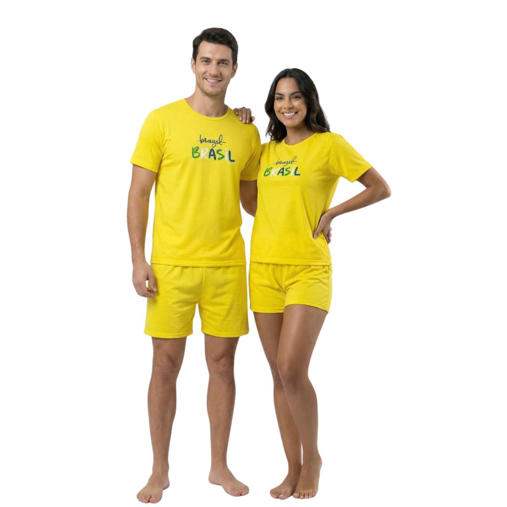 Kit Pijamas Casal Família Manga Curta E Short Conjuntos Copa Namorados Brasil