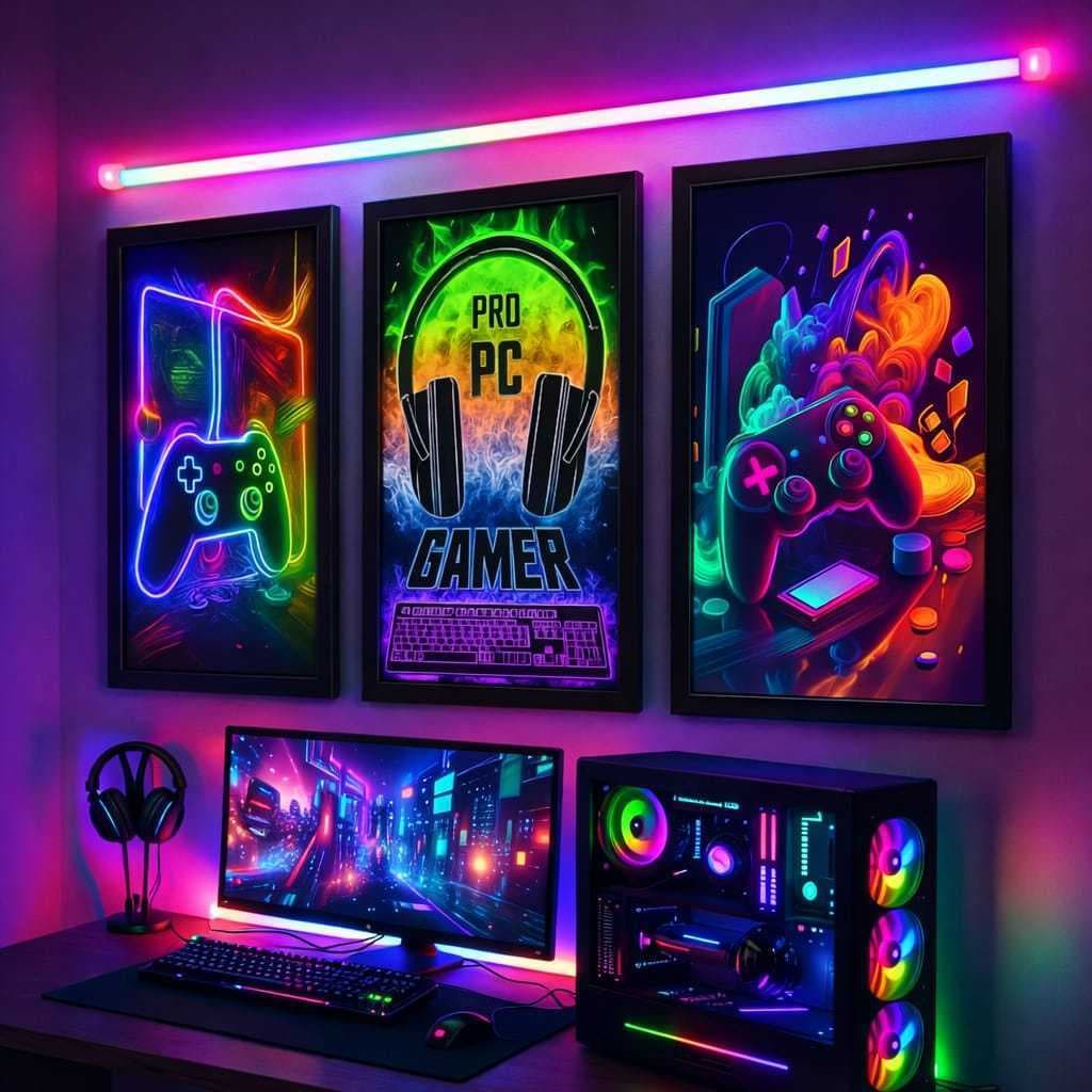 Kit 3 Quadros Gamer Neon RGB Controle Game | Decoração Quarto Gamer Setup PC Gamer Colorido